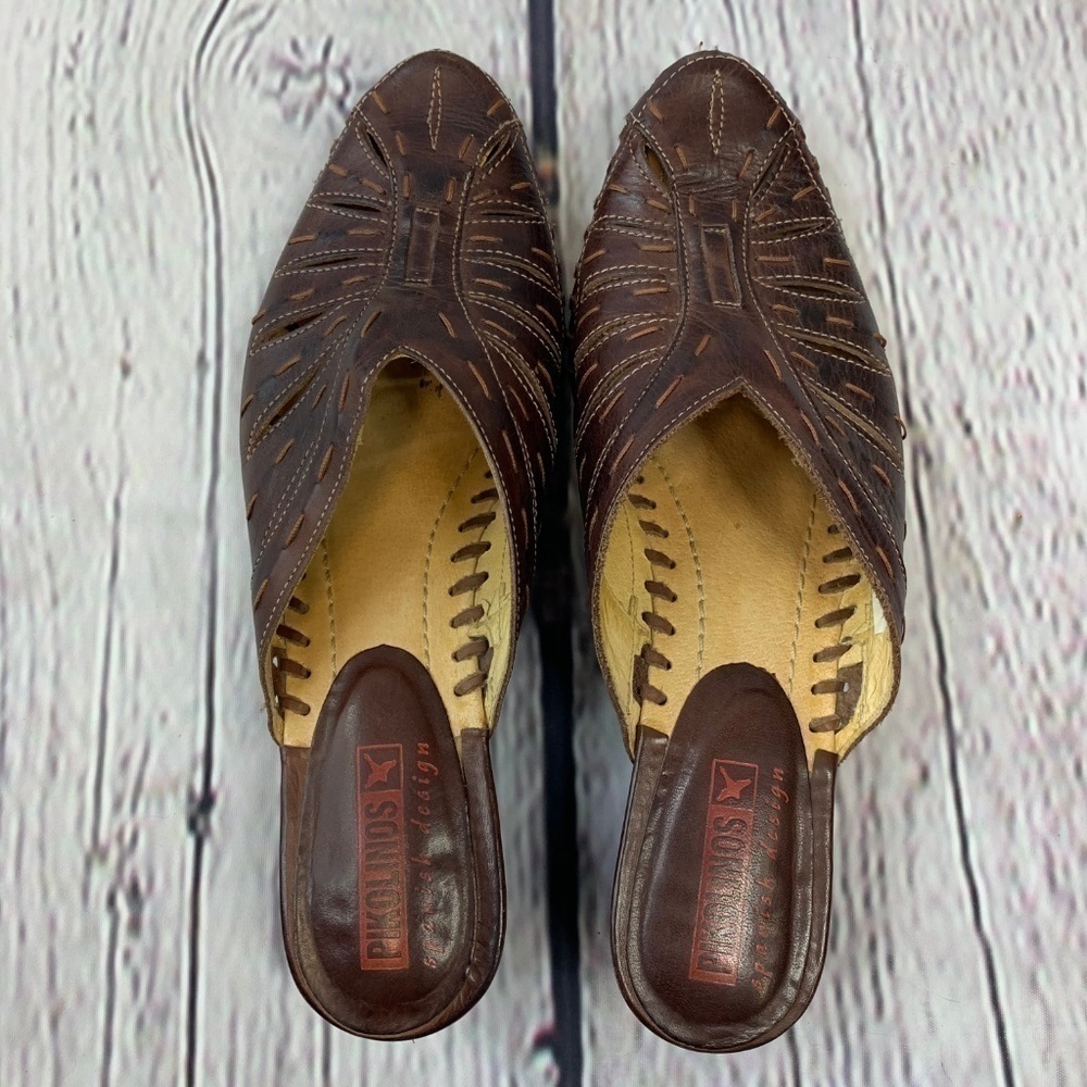 Pikolinos Brown Leather Slip On Short Heels - Picture 4 of 6